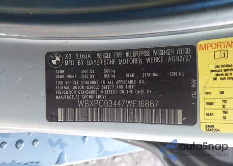 2007 BMW X3 3.0Si из США, поврежденный, VIN WBXPC93447WF16867